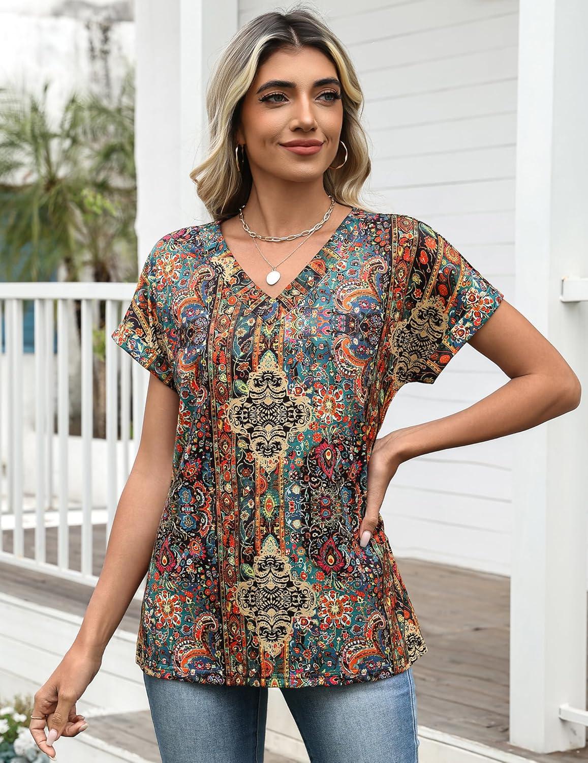 imageZeagoo Womens Summer Tops Rolled Short Sleeve V Neck Shirts Casual Dressy Business Work Blouses OutfitsBohomz721
