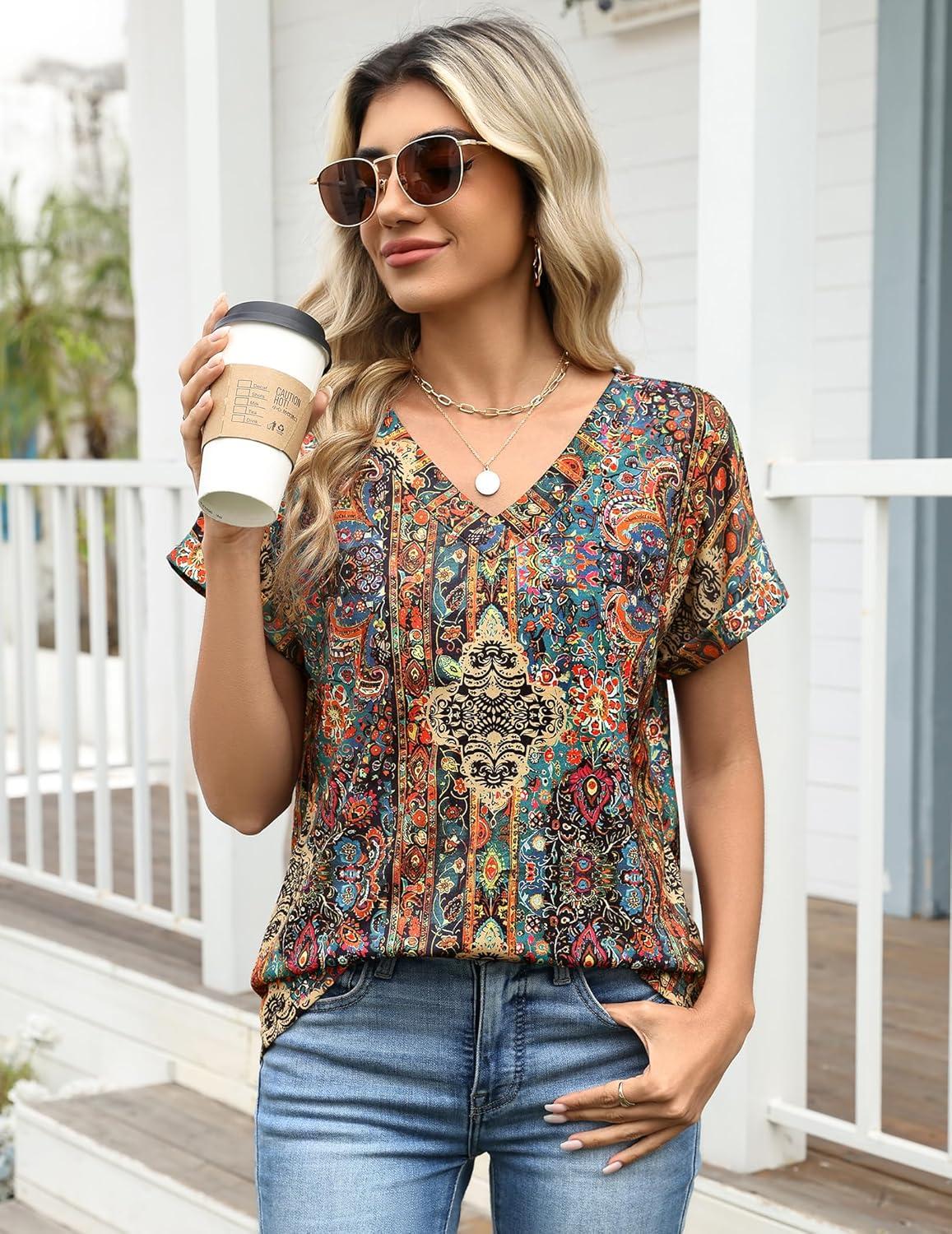 imageZeagoo Womens Summer Tops Rolled Short Sleeve V Neck Shirts Casual Dressy Business Work Blouses OutfitsBohomz721