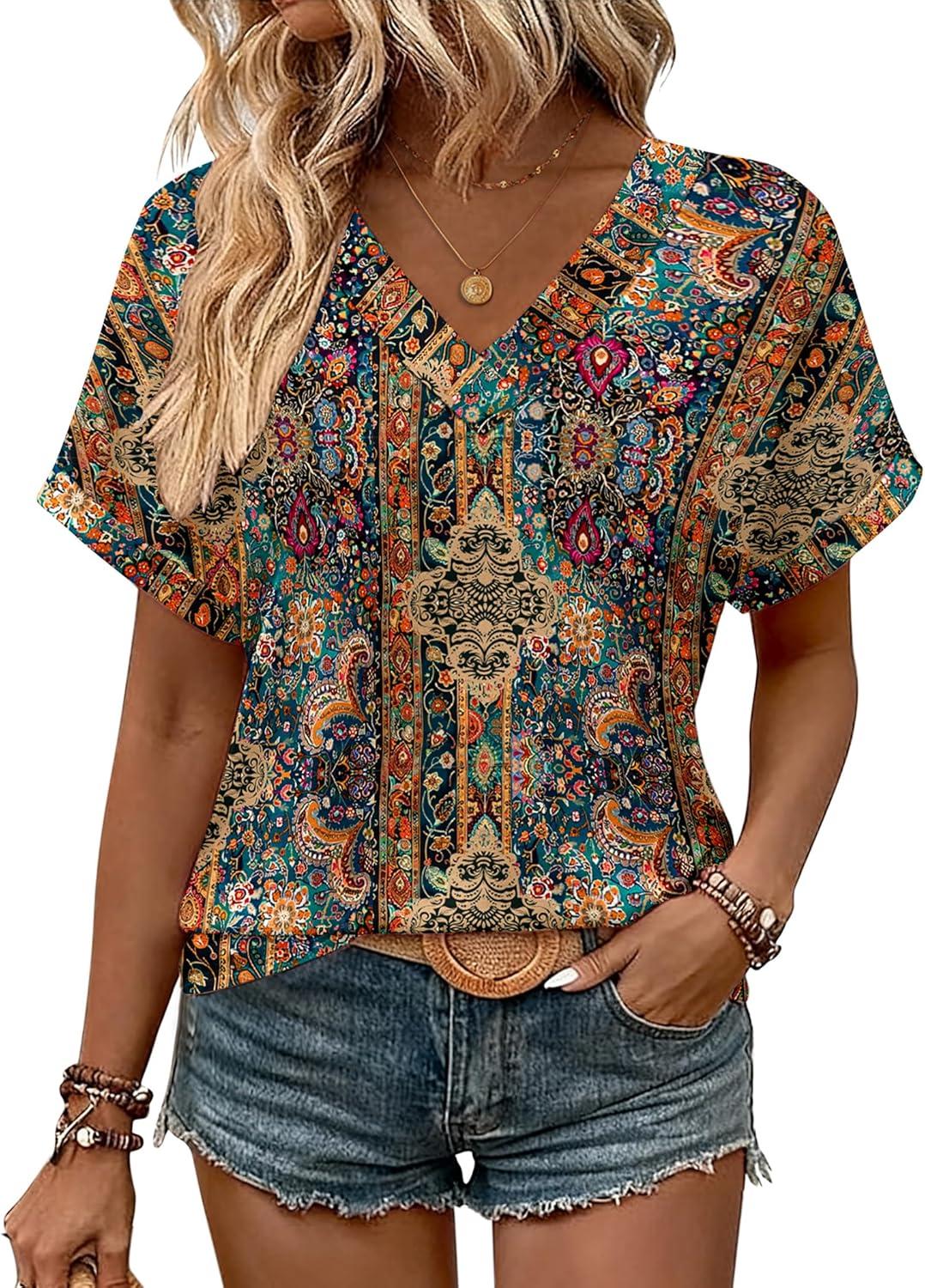 imageZeagoo Womens Summer Tops Rolled Short Sleeve V Neck Shirts Casual Dressy Business Work Blouses OutfitsBohomz721