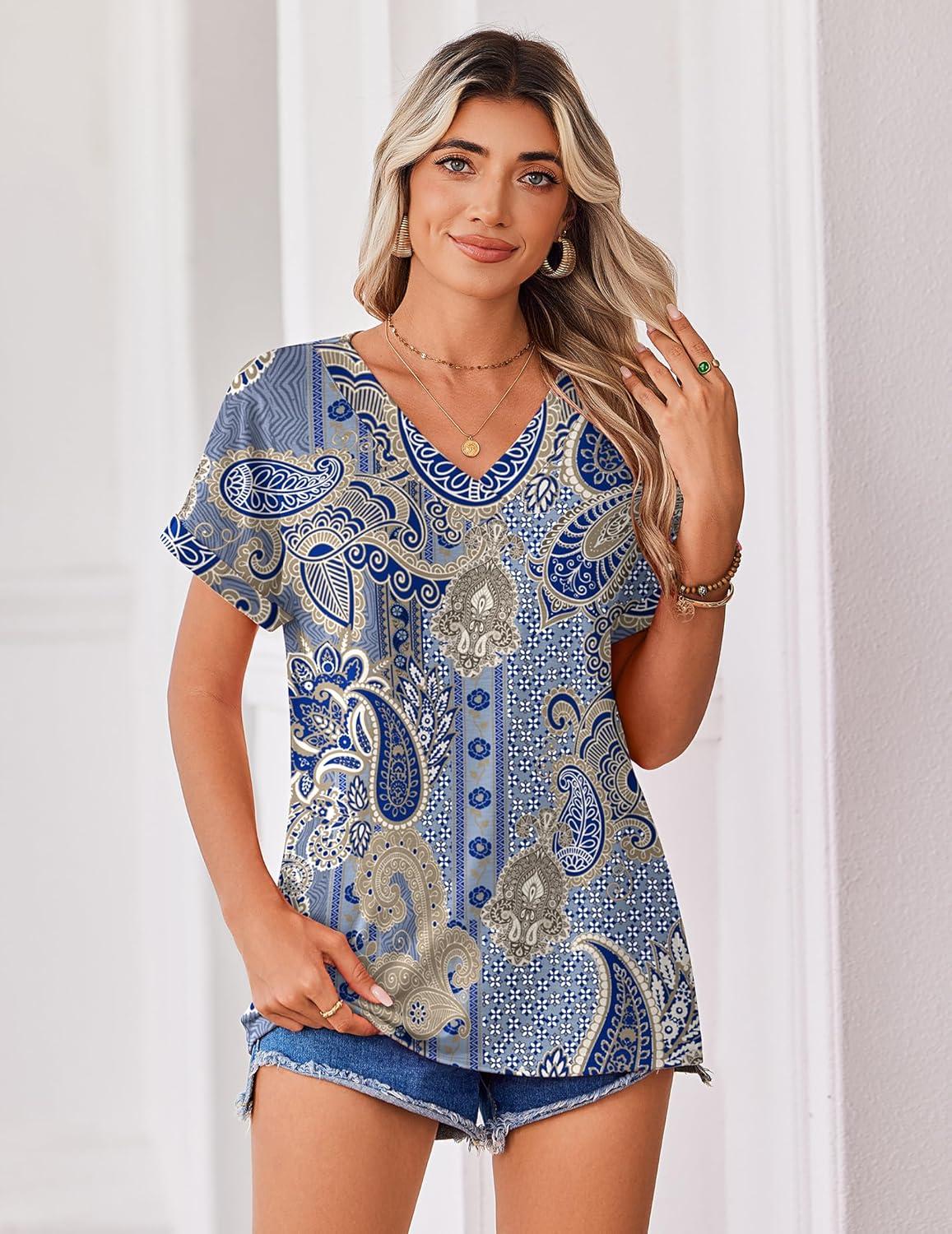 imageZeagoo Womens Summer Tops Rolled Short Sleeve V Neck Shirts Casual Dressy Business Work Blouses OutfitsBohomz919
