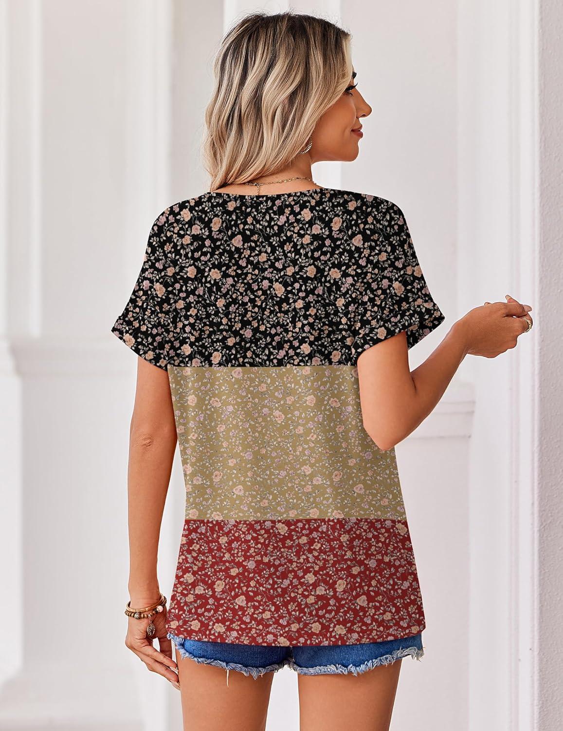 imageZeagoo Womens Summer Tops Rolled Short Sleeve V Neck Shirts Casual Dressy Business Work Blouses OutfitsFlowerxh553