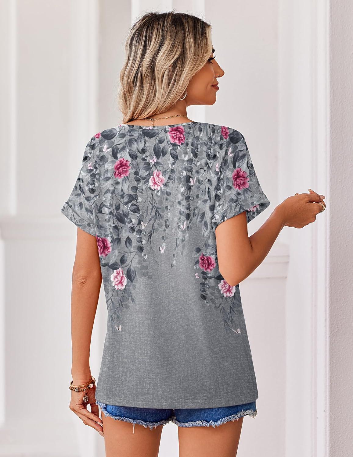 imageZeagoo Womens Summer Tops Rolled Short Sleeve V Neck Shirts Casual Dressy Business Work Blouses OutfitsGrey Flowerhf36