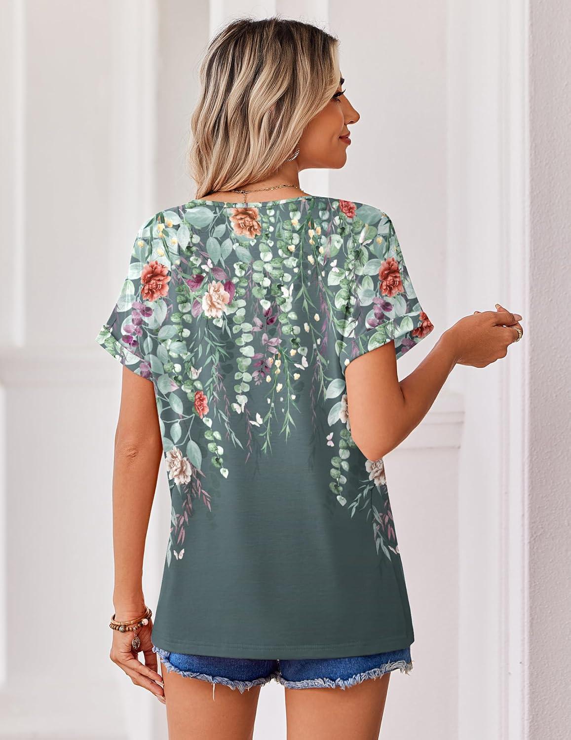 imageZeagoo Womens Summer Tops Rolled Short Sleeve V Neck Shirts Casual Dressy Business Work Blouses OutfitsGrey Flowerwf71