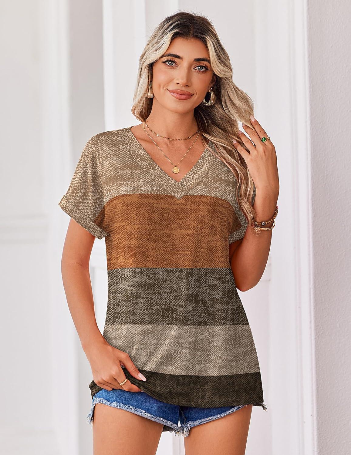 imageZeagoo Womens Summer Tops Rolled Short Sleeve V Neck Shirts Casual Dressy Business Work Blouses OutfitsKhakijh398