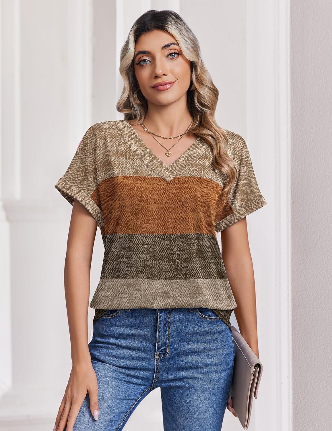 imageZeagoo Womens Summer Tops Rolled Short Sleeve V Neck Shirts Casual Dressy Business Work Blouses OutfitsKhakijh398