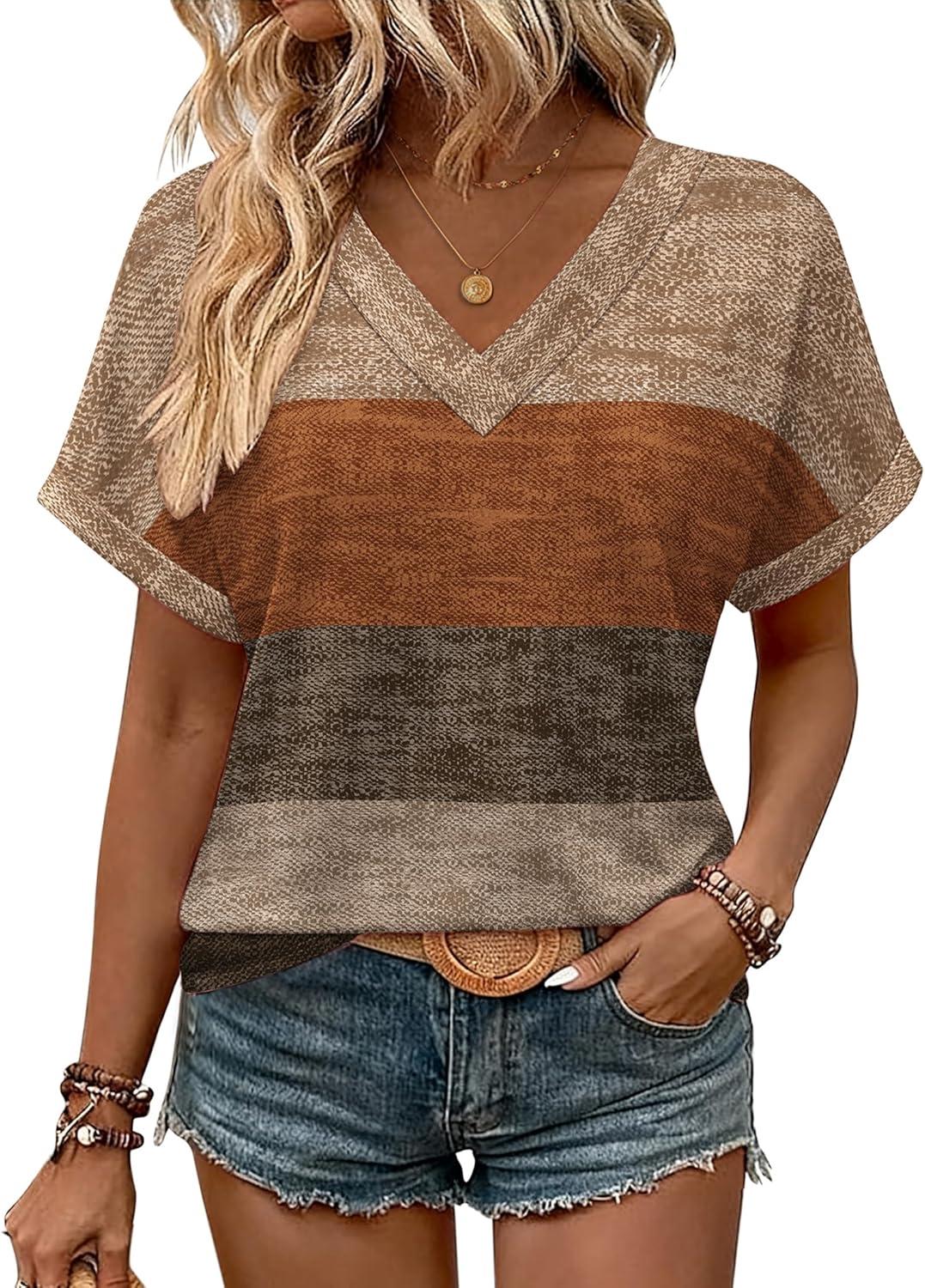 imageZeagoo Womens Summer Tops Rolled Short Sleeve V Neck Shirts Casual Dressy Business Work Blouses OutfitsKhakijh398