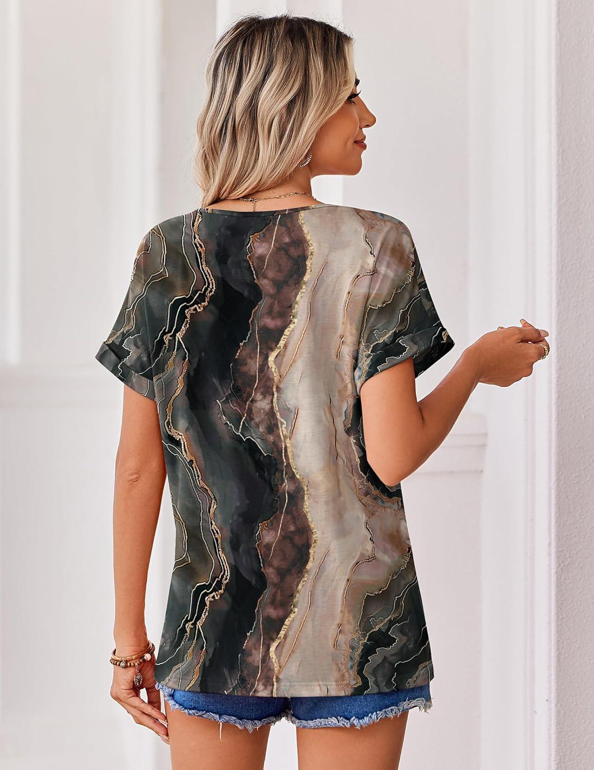 imageZeagoo Womens Summer Tops Rolled Short Sleeve V Neck Shirts Casual Dressy Business Work Blouses OutfitsMulticolorcx278