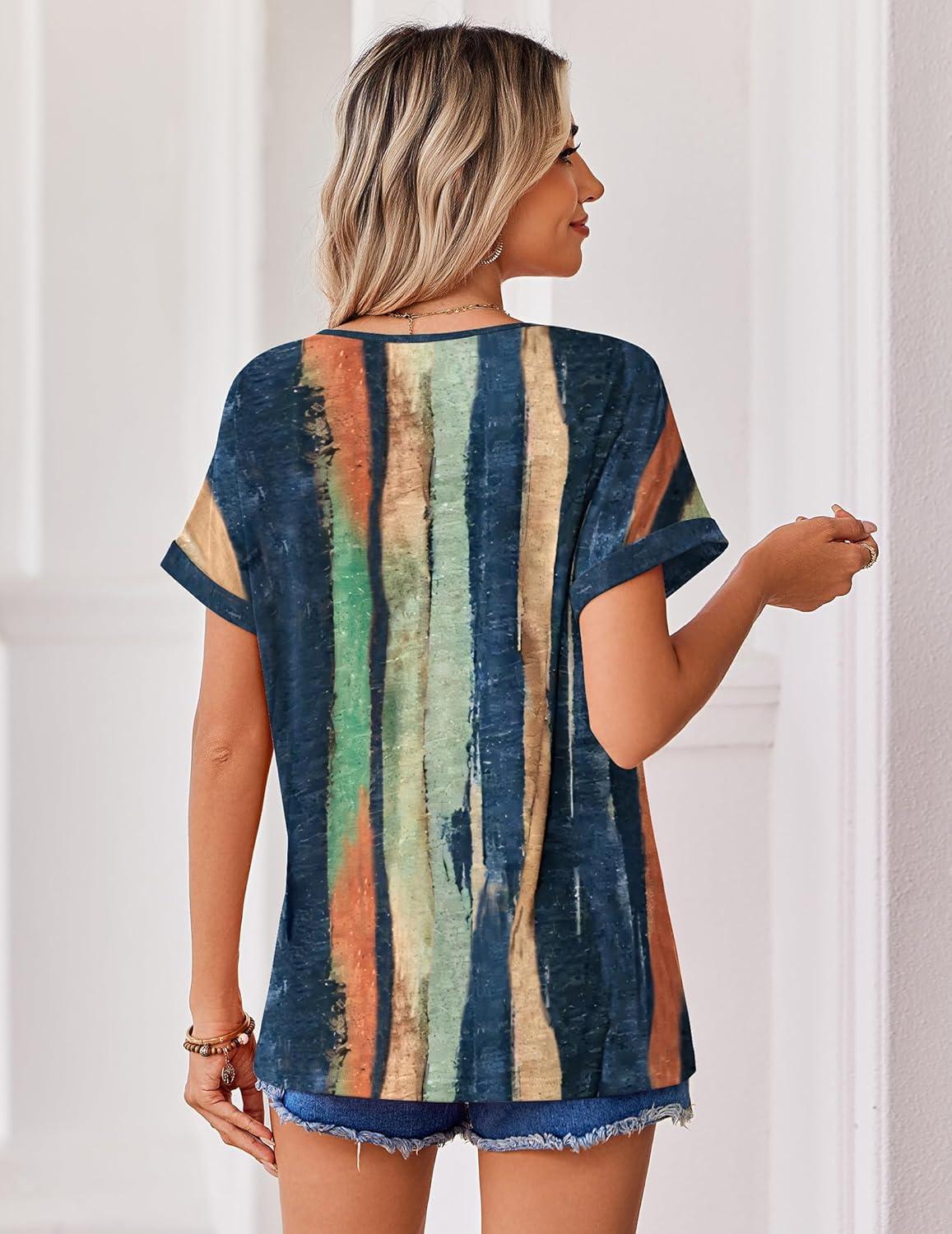 imageZeagoo Womens Summer Tops Rolled Short Sleeve V Neck Shirts Casual Dressy Business Work Blouses OutfitsMulticolorcx289