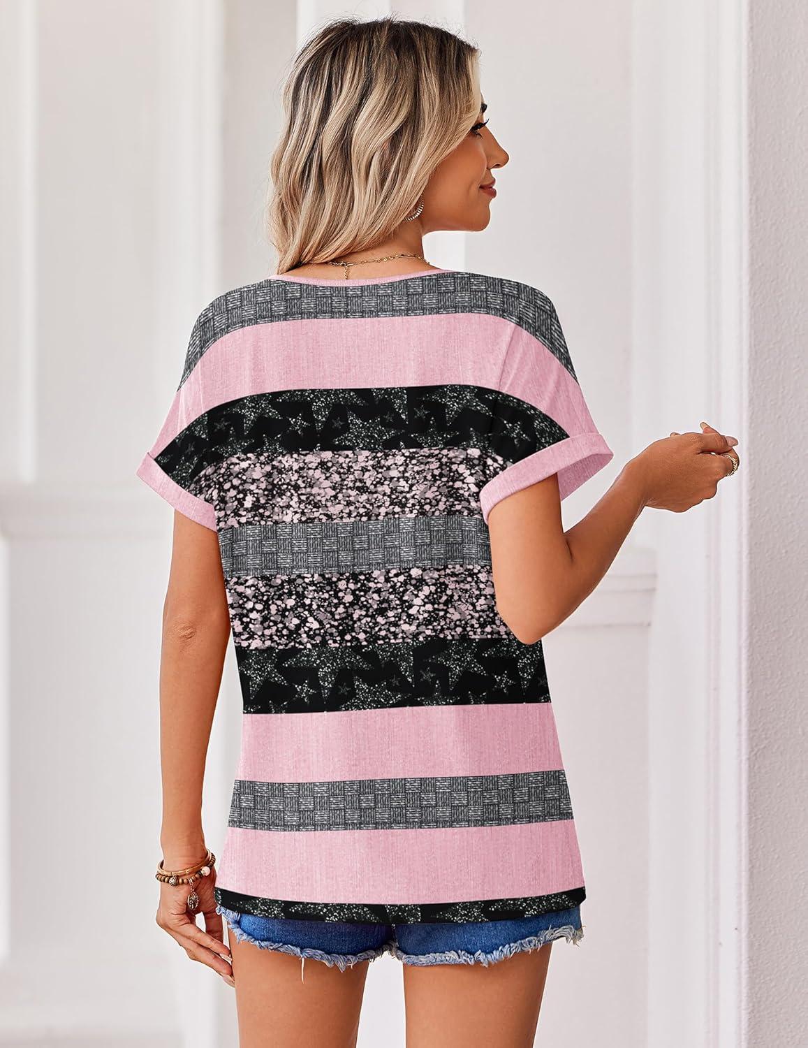 imageZeagoo Womens Summer Tops Rolled Short Sleeve V Neck Shirts Casual Dressy Business Work Blouses OutfitsPink Stripetz245