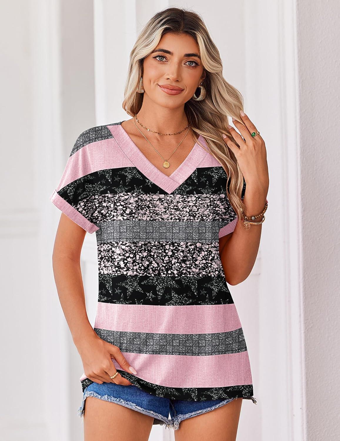 imageZeagoo Womens Summer Tops Rolled Short Sleeve V Neck Shirts Casual Dressy Business Work Blouses OutfitsPink Stripetz245