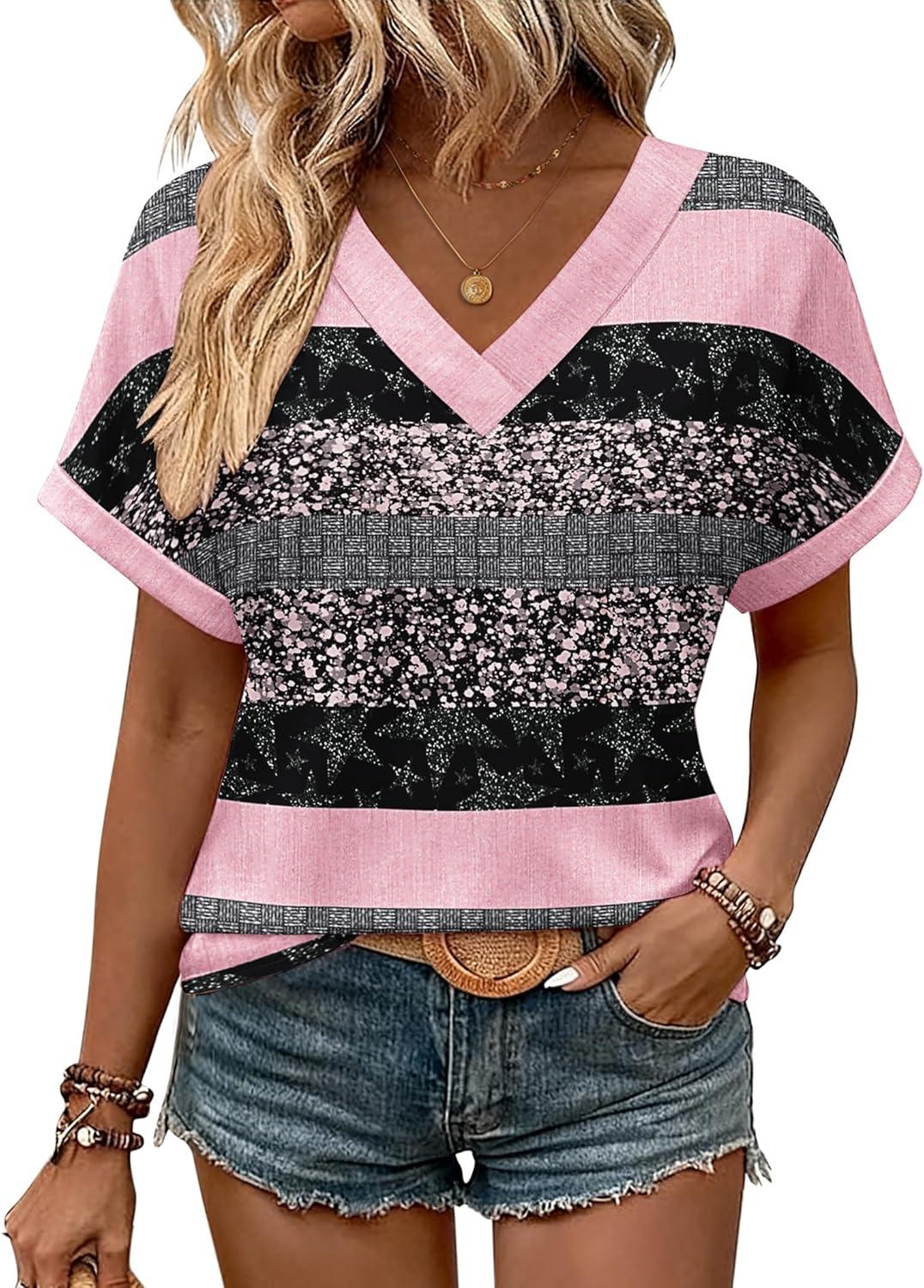 imageZeagoo Womens Summer Tops Rolled Short Sleeve V Neck Shirts Casual Dressy Business Work Blouses OutfitsPink Stripetz245