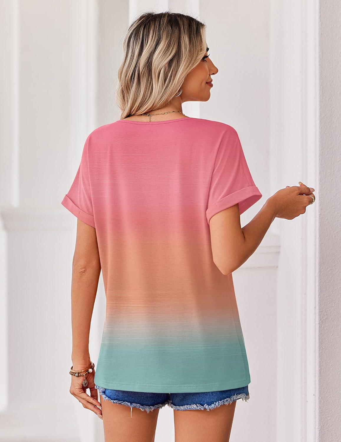 imageZeagoo Womens Summer Tops Rolled Short Sleeve V Neck Shirts Casual Dressy Business Work Blouses OutfitsRainbowjb218