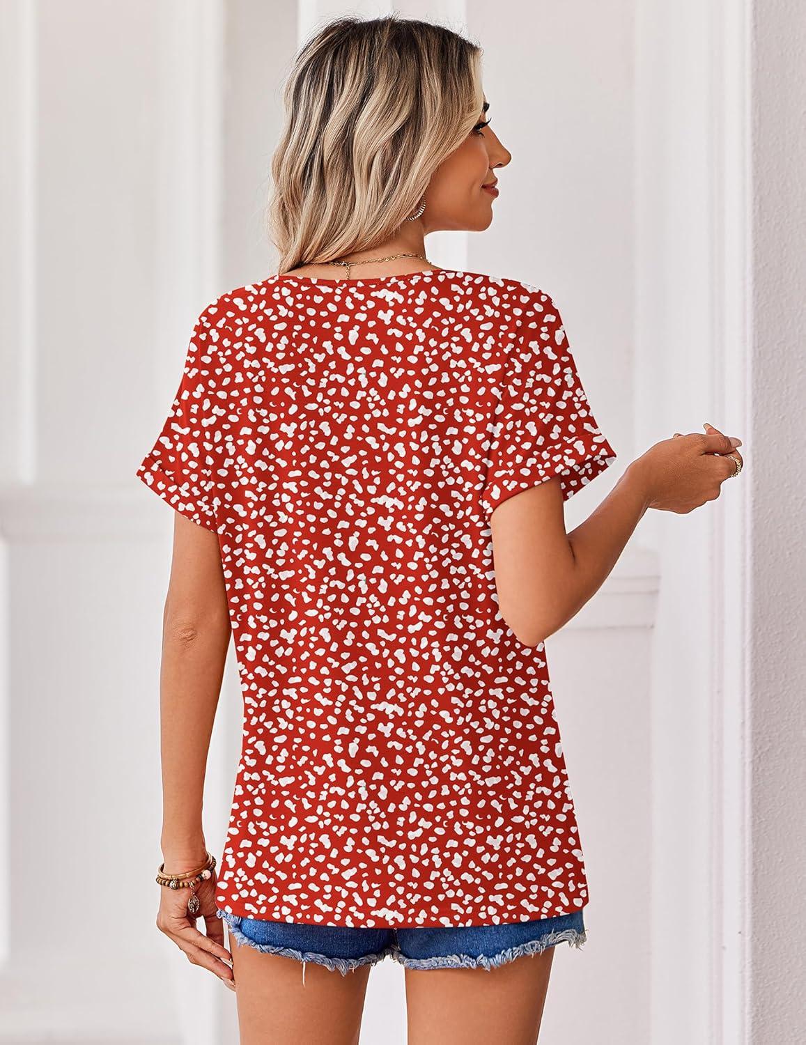 imageZeagoo Womens Summer Tops Rolled Short Sleeve V Neck Shirts Casual Dressy Business Work Blouses OutfitsRedjh590