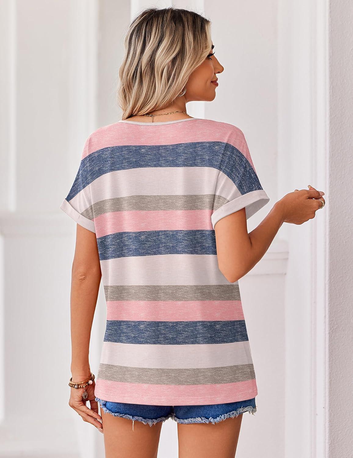 imageZeagoo Womens Summer Tops Rolled Short Sleeve V Neck Shirts Casual Dressy Business Work Blouses OutfitsStripedtw669