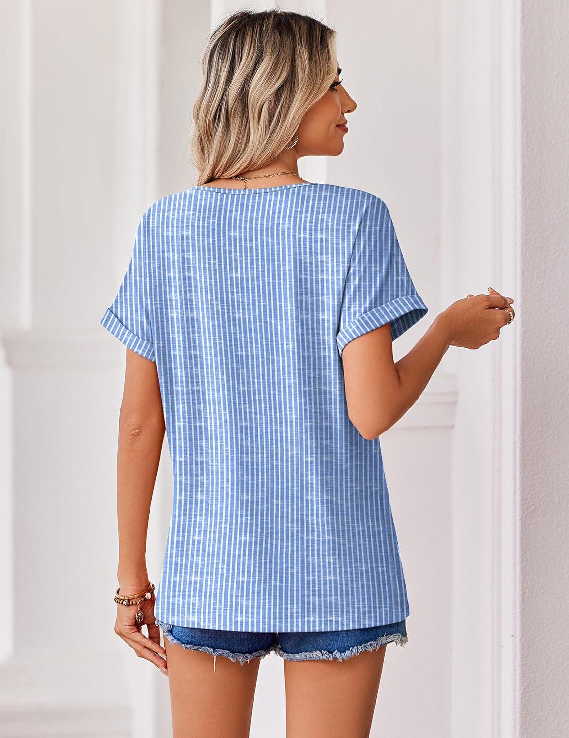 imageZeagoo Womens Summer Tops Rolled Short Sleeve V Neck Shirts Casual Dressy Business Work Blouses OutfitsStripetz273