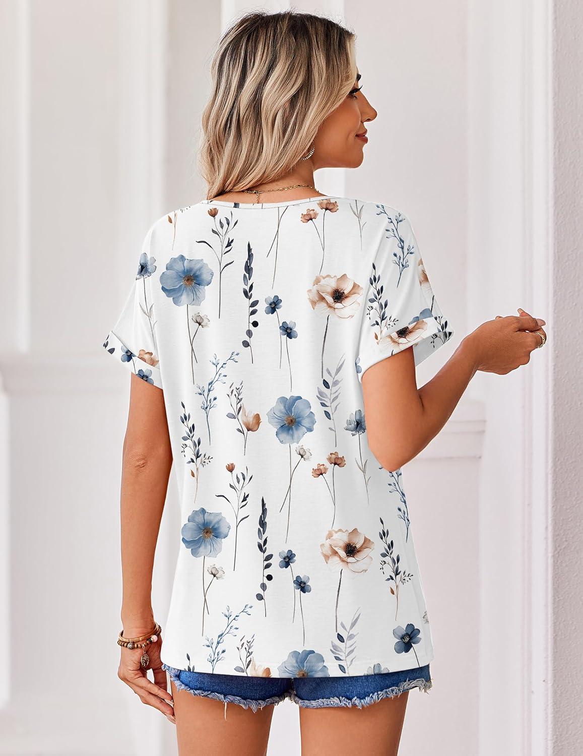 imageZeagoo Womens Summer Tops Rolled Short Sleeve V Neck Shirts Casual Dressy Business Work Blouses OutfitsWhite Flowersbf290