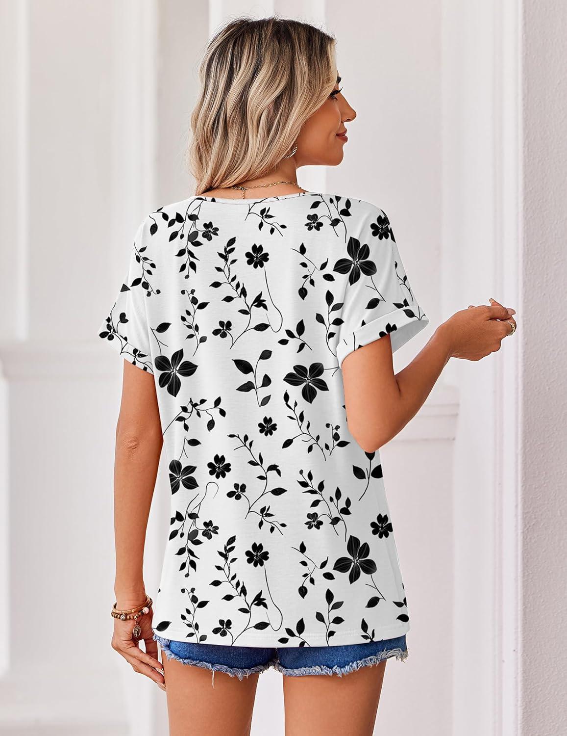 imageZeagoo Womens Summer Tops Rolled Short Sleeve V Neck Shirts Casual Dressy Business Work Blouses OutfitsWhite Flowersf291