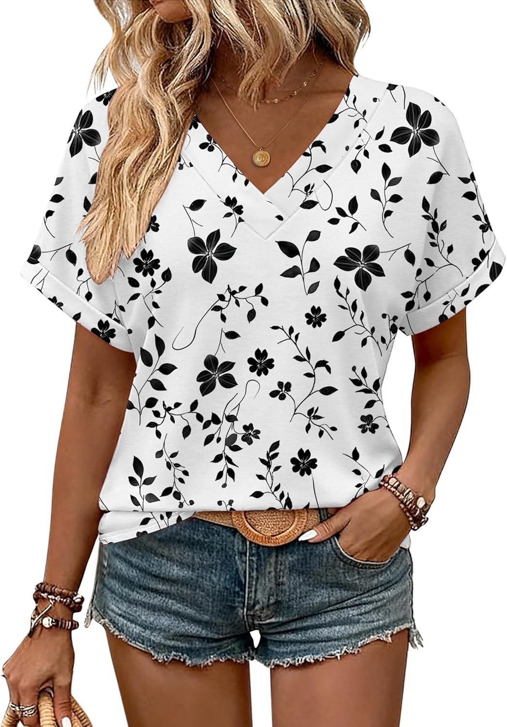 imageZeagoo Womens Summer Tops Rolled Short Sleeve V Neck Shirts Casual Dressy Business Work Blouses OutfitsWhite Flowersf291