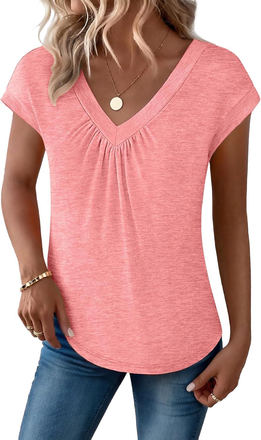 imageZeagoo Womens Tops Short Sleeve V Neck Shirts Summer Dressy Casual Business Clothes Work Blouses Fashion Clothing OutfitsA01 Coral