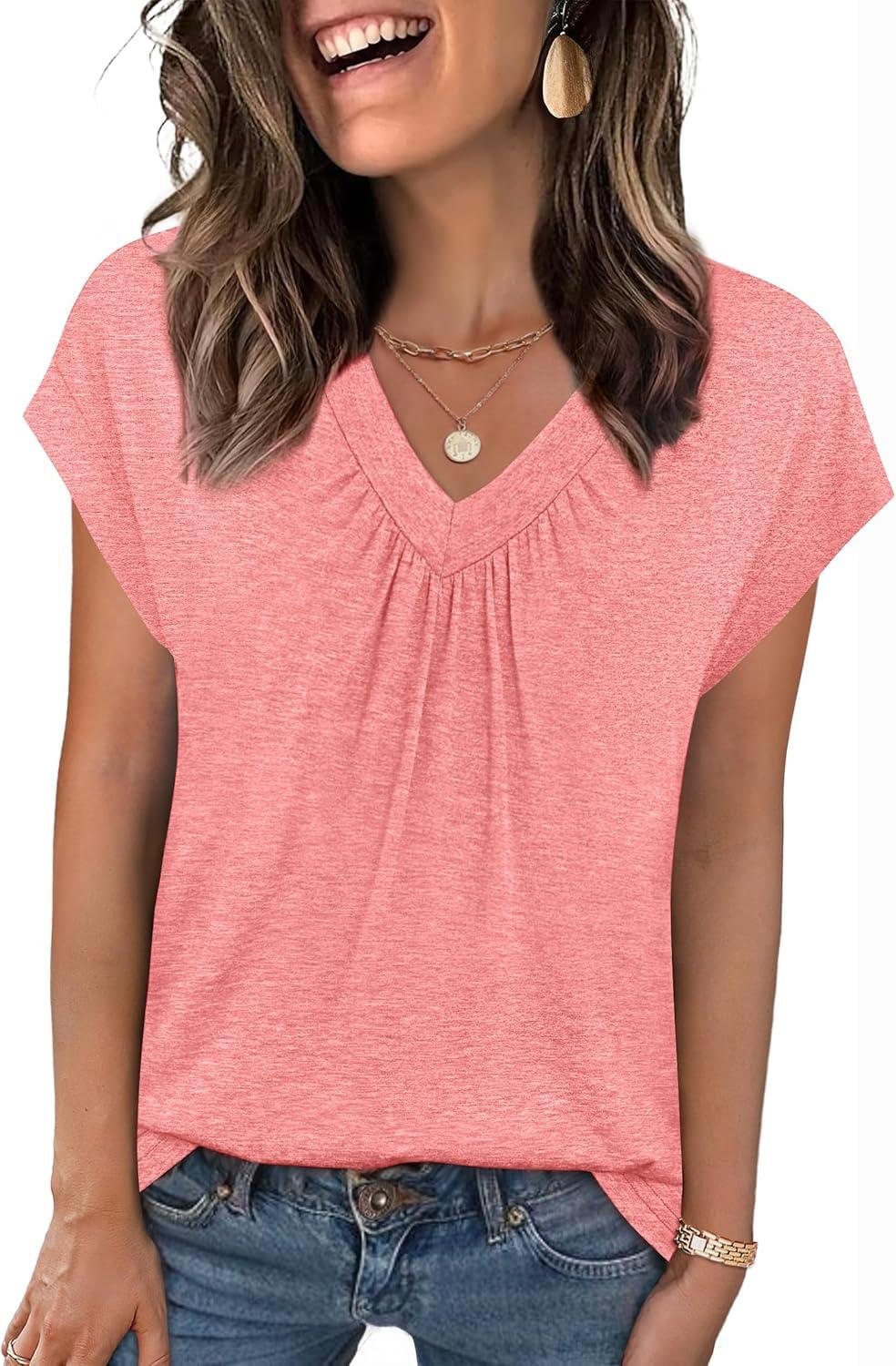 imageZeagoo Womens Tops Short Sleeve V Neck Shirts Summer Dressy Casual Business Clothes Work Blouses Fashion Clothing OutfitsA01 Coral