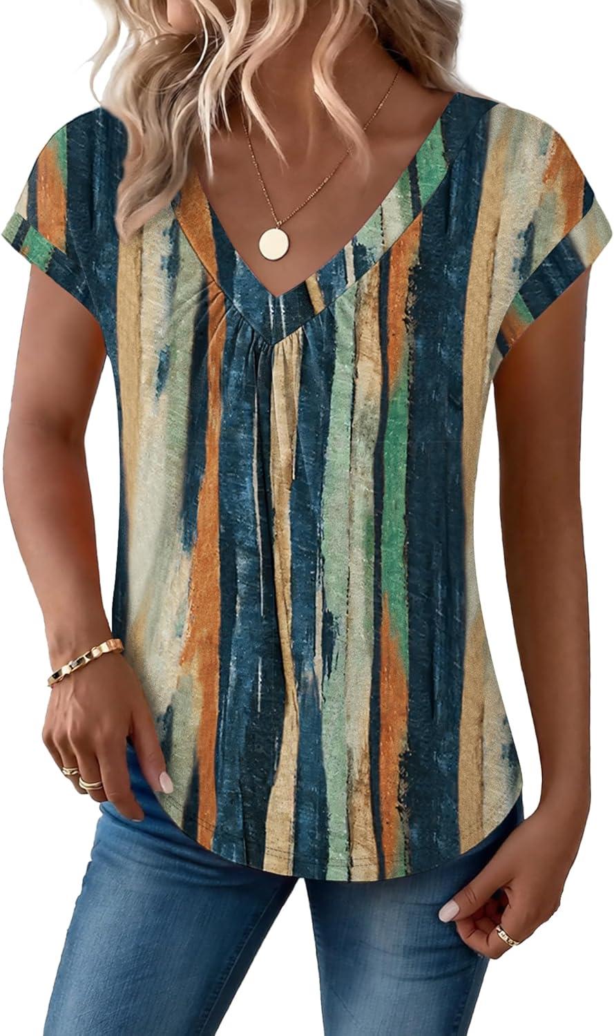 imageZeagoo Womens Tops Short Sleeve V Neck Shirts Summer Dressy Casual Business Clothes Work Blouses Fashion Clothing OutfitsCx289 Striped