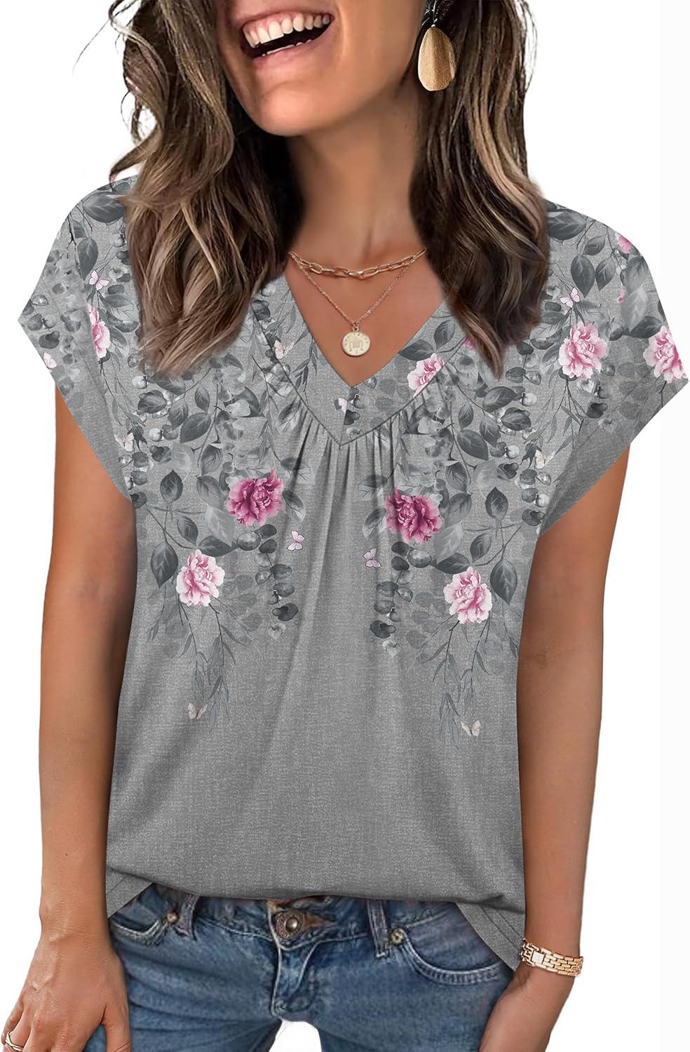 imageZeagoo Womens Tops Short Sleeve V Neck Shirts Summer Dressy Casual Business Clothes Work Blouses Fashion Clothing OutfitsHf36 Grey Floral