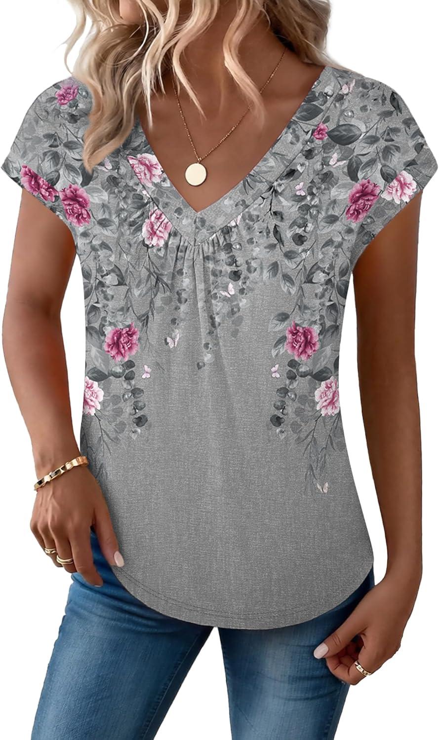 imageZeagoo Womens Tops Short Sleeve V Neck Shirts Summer Dressy Casual Business Clothes Work Blouses Fashion Clothing OutfitsHf36 Grey Floral
