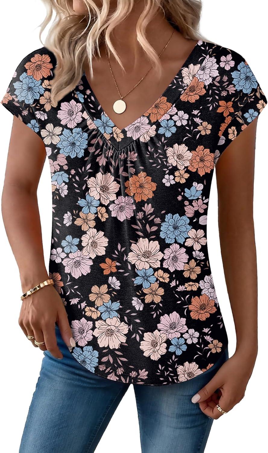 imageZeagoo Womens Tops Short Sleeve V Neck Shirts Summer Dressy Casual Business Clothes Work Blouses Fashion Clothing OutfitsSf245 Floral Printed