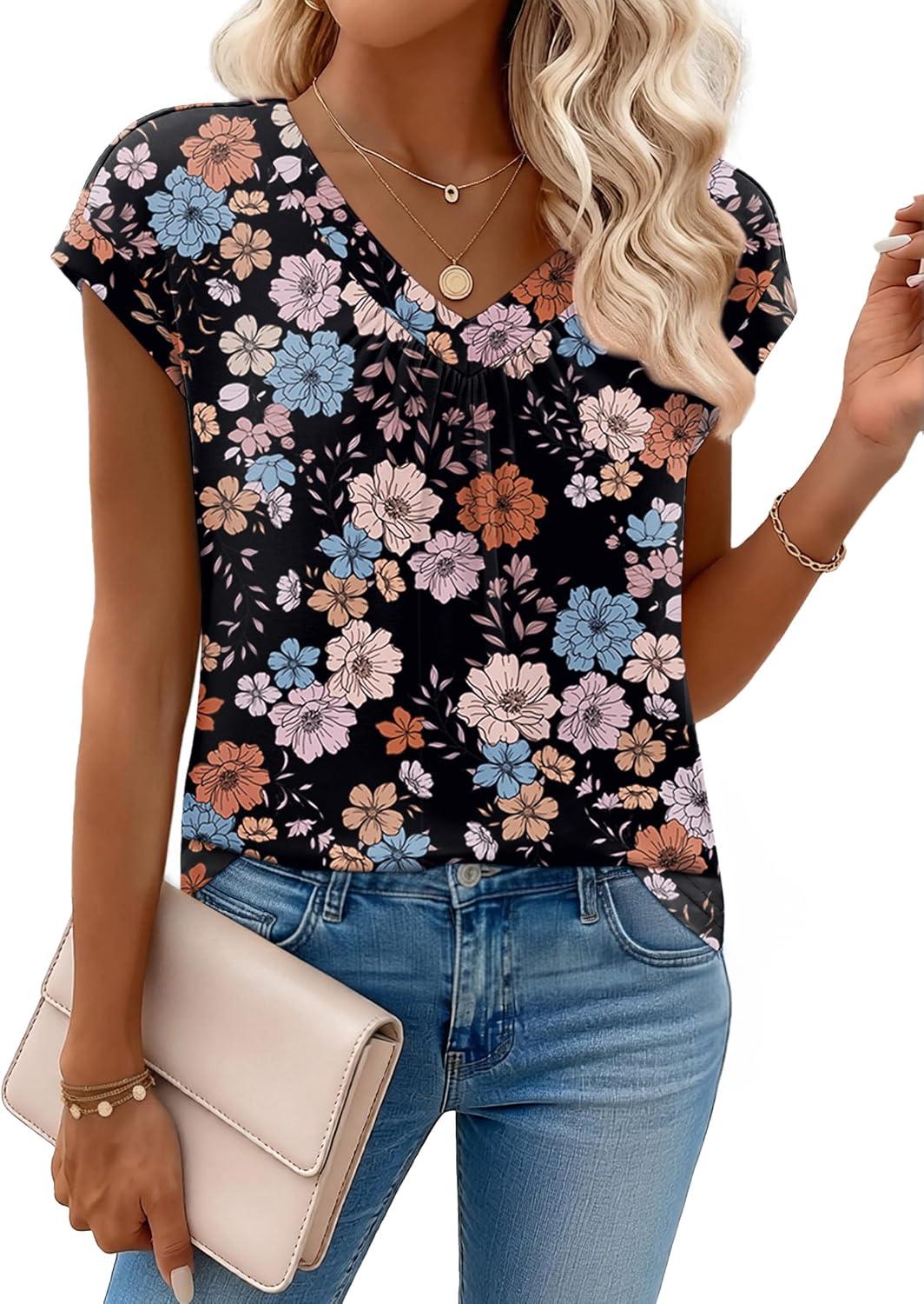 imageZeagoo Womens Tops Short Sleeve V Neck Shirts Summer Dressy Casual Business Clothes Work Blouses Fashion Clothing OutfitsSf245 Floral Printed