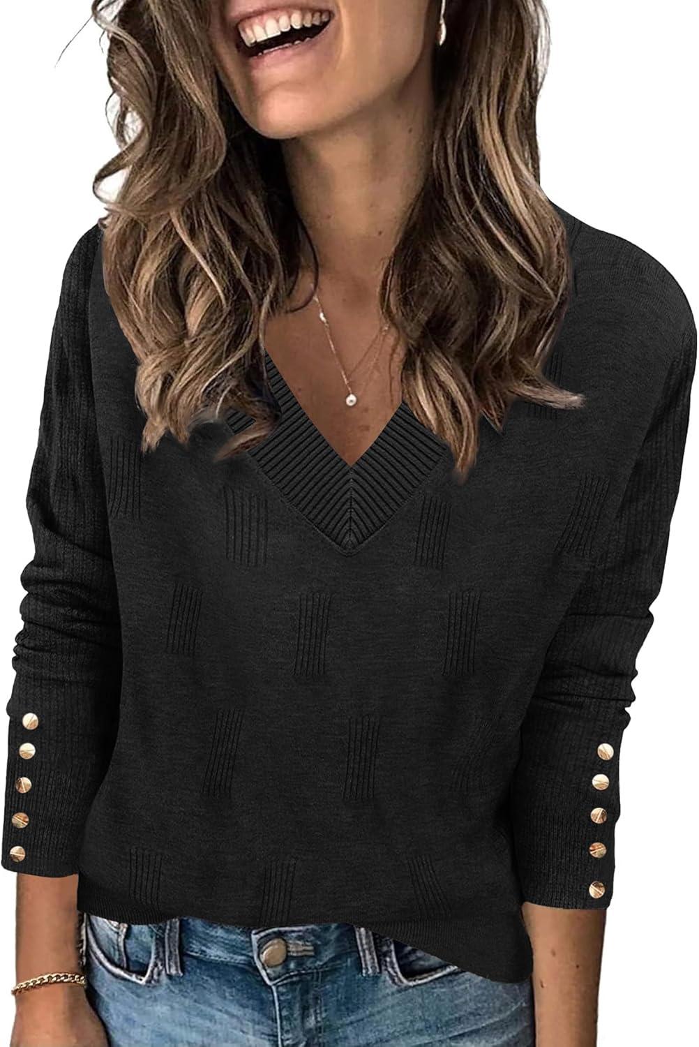 imageZeagoo Womens V Neck Sweaters Shirts Long Sleeve Lightweight Ribbed Knit Pullover Sweater Blouse Tops with Buttons OufitsBlack