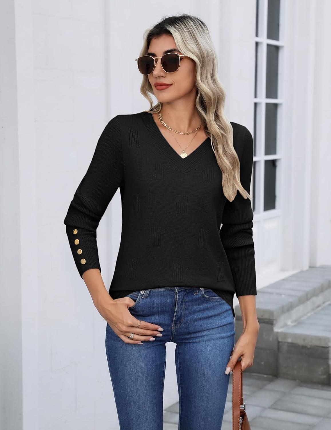 imageZeagoo Womens V Neck Sweaters Shirts Long Sleeve Lightweight Ribbed Knit Pullover Sweater Blouse Tops with Buttons OufitsBlack