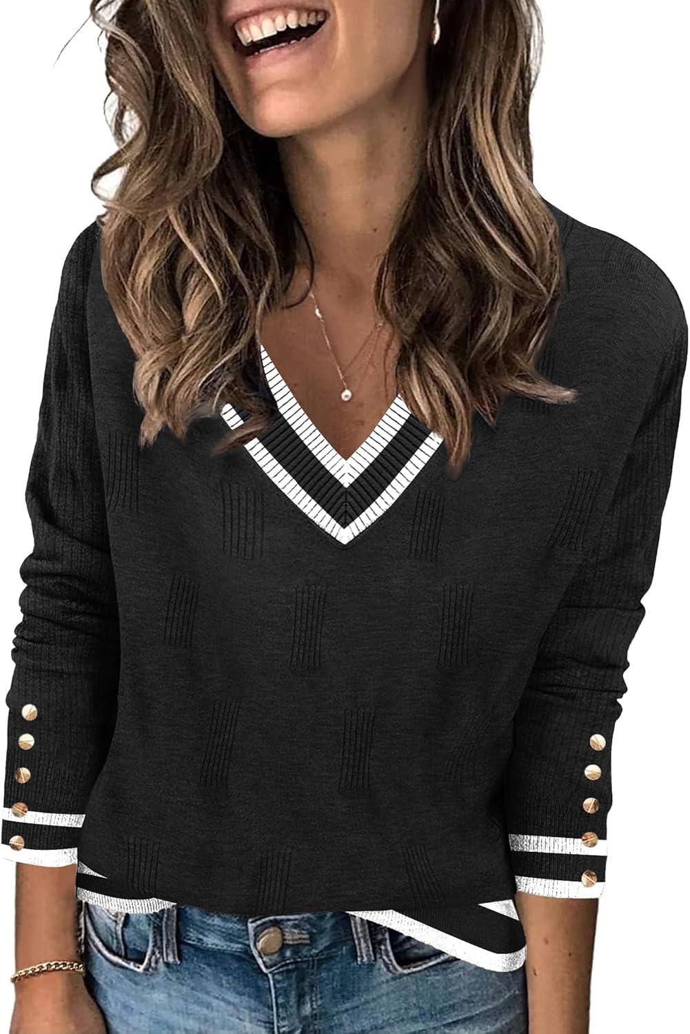 imageZeagoo Womens V Neck Sweaters Shirts Long Sleeve Lightweight Ribbed Knit Pullover Sweater Blouse Tops with Buttons OufitsBlackwhite