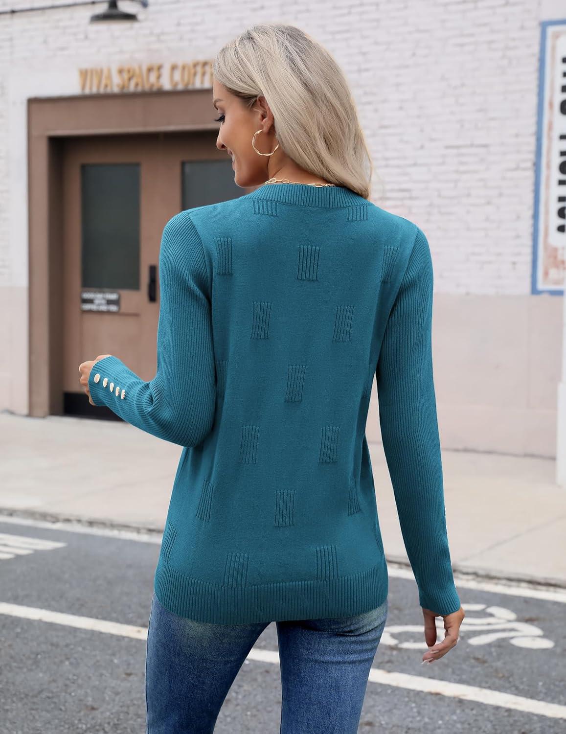 imageZeagoo Womens V Neck Sweaters Shirts Long Sleeve Lightweight Ribbed Knit Pullover Sweater Blouse Tops with Buttons OufitsBlue