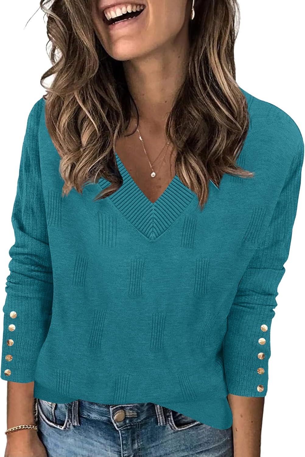 imageZeagoo Womens V Neck Sweaters Shirts Long Sleeve Lightweight Ribbed Knit Pullover Sweater Blouse Tops with Buttons OufitsBlue
