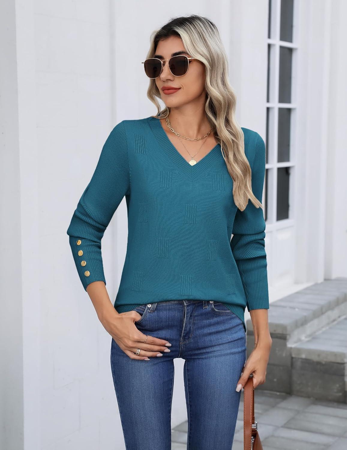 imageZeagoo Womens V Neck Sweaters Shirts Long Sleeve Lightweight Ribbed Knit Pullover Sweater Blouse Tops with Buttons OufitsBlue