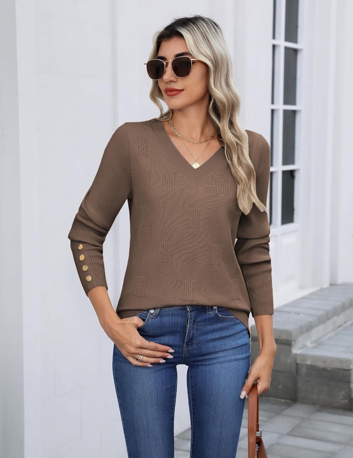 imageZeagoo Womens V Neck Sweaters Shirts Long Sleeve Lightweight Ribbed Knit Pullover Sweater Blouse Tops with Buttons OufitsBrown