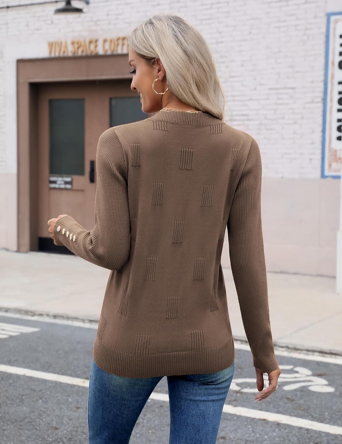 imageZeagoo Womens V Neck Sweaters Shirts Long Sleeve Lightweight Ribbed Knit Pullover Sweater Blouse Tops with Buttons OufitsBrown