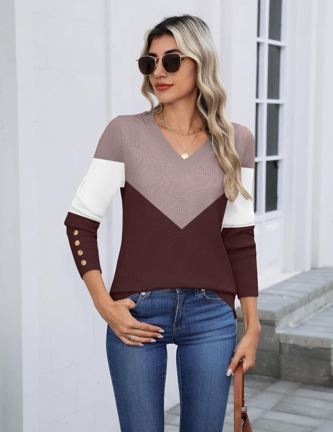 imageZeagoo Womens V Neck Sweaters Shirts Long Sleeve Lightweight Ribbed Knit Pullover Sweater Blouse Tops with Buttons OufitsCchocolate Brown
