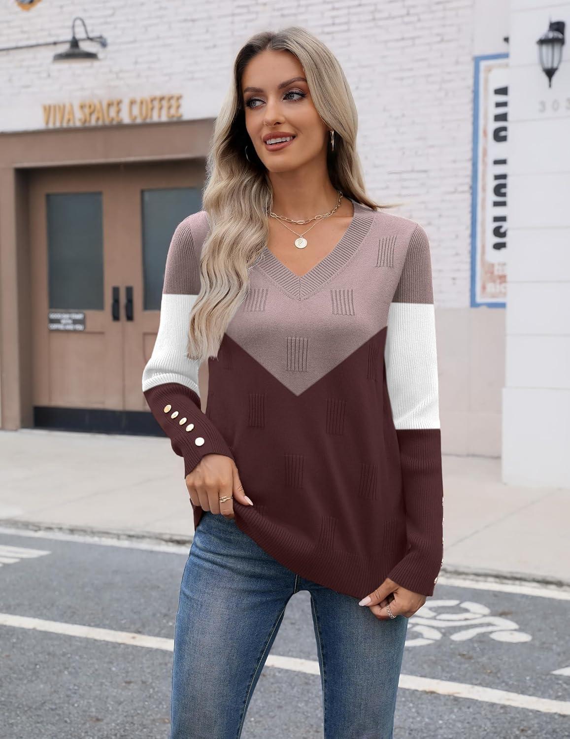 imageZeagoo Womens V Neck Sweaters Shirts Long Sleeve Lightweight Ribbed Knit Pullover Sweater Blouse Tops with Buttons OufitsCchocolate Brown