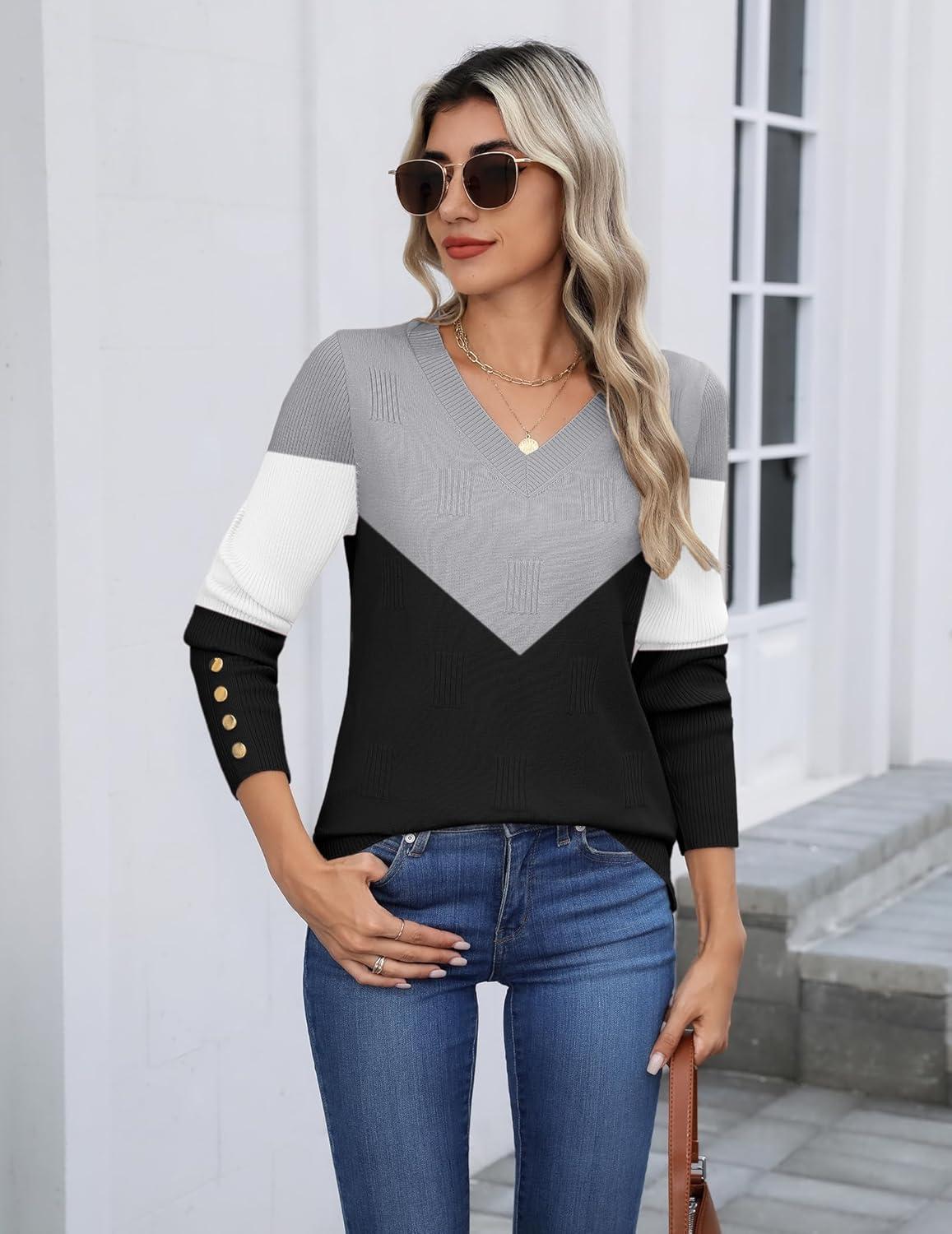 imageZeagoo Womens V Neck Sweaters Shirts Long Sleeve Lightweight Ribbed Knit Pullover Sweater Blouse Tops with Buttons OufitsCgrey Black