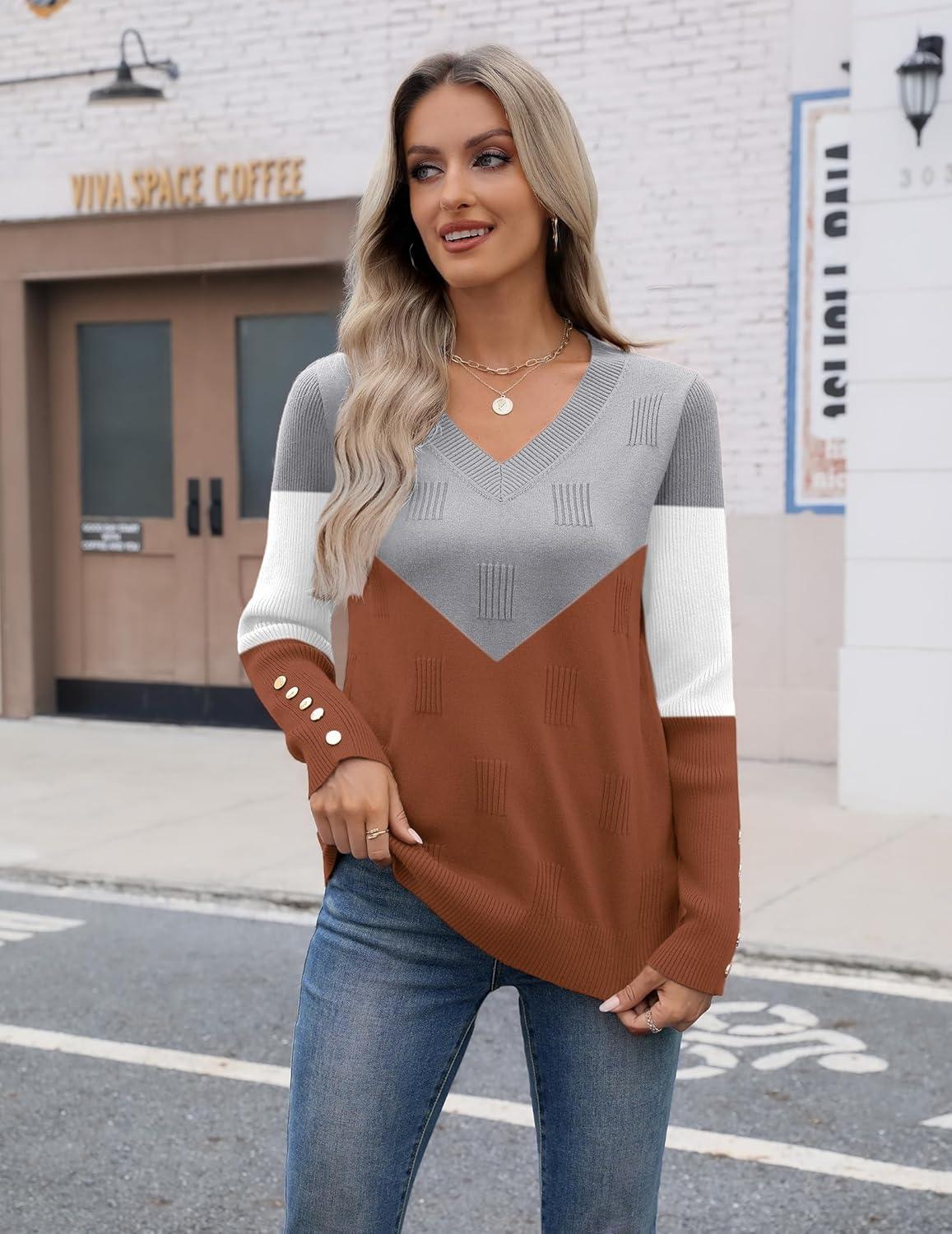 imageZeagoo Womens V Neck Sweaters Shirts Long Sleeve Lightweight Ribbed Knit Pullover Sweater Blouse Tops with Buttons OufitsCgrey Caramel