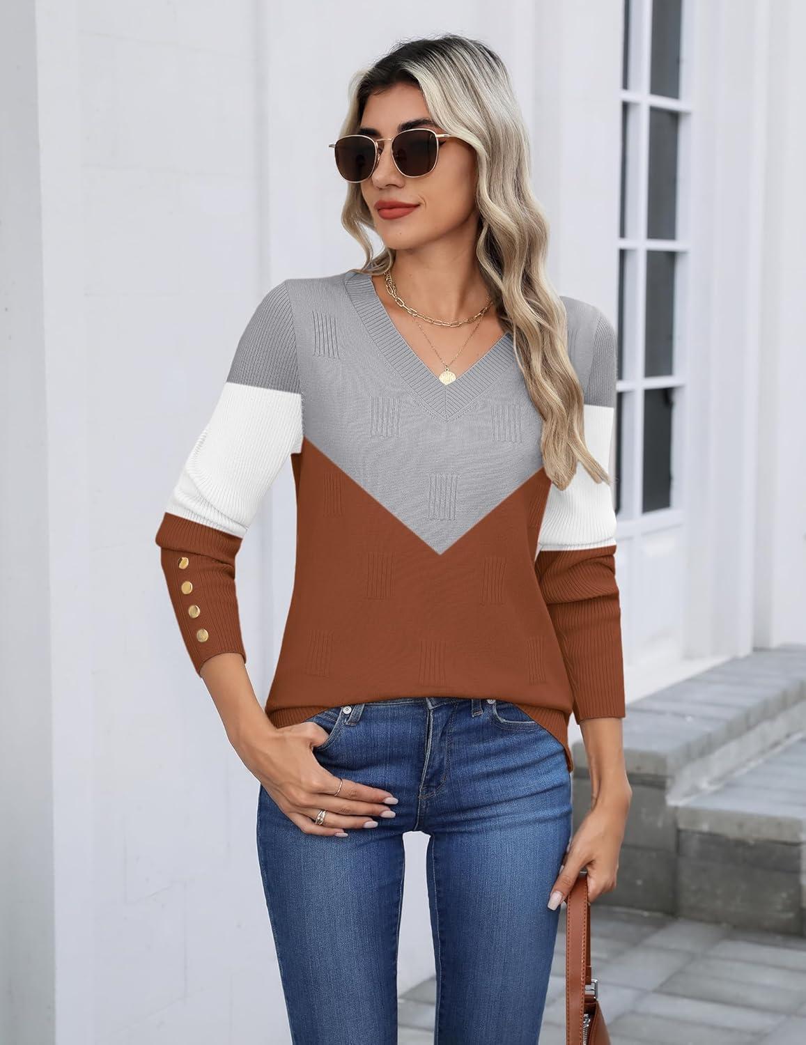 imageZeagoo Womens V Neck Sweaters Shirts Long Sleeve Lightweight Ribbed Knit Pullover Sweater Blouse Tops with Buttons OufitsCgrey Caramel