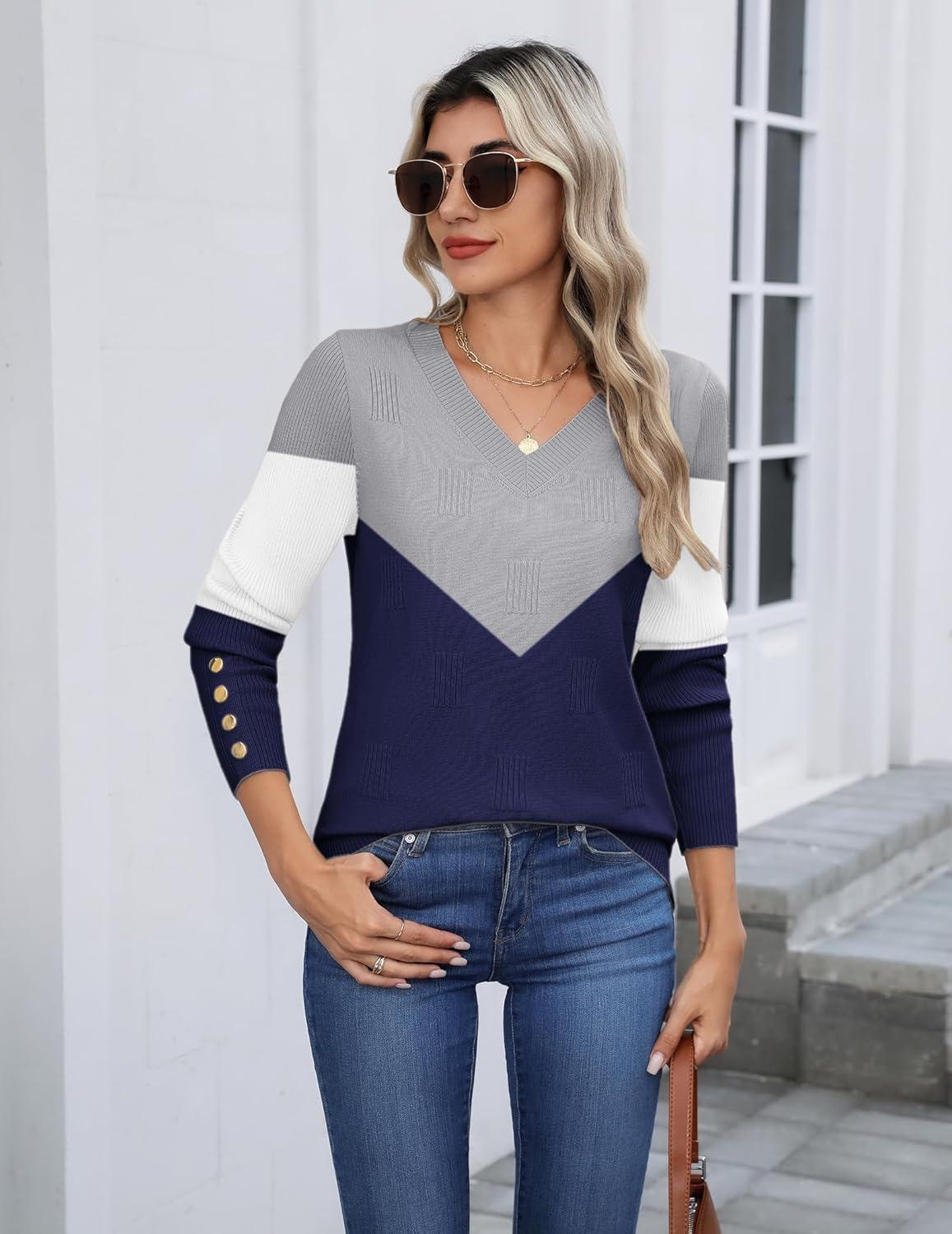 imageZeagoo Womens V Neck Sweaters Shirts Long Sleeve Lightweight Ribbed Knit Pullover Sweater Blouse Tops with Buttons OufitsCgrey Navy