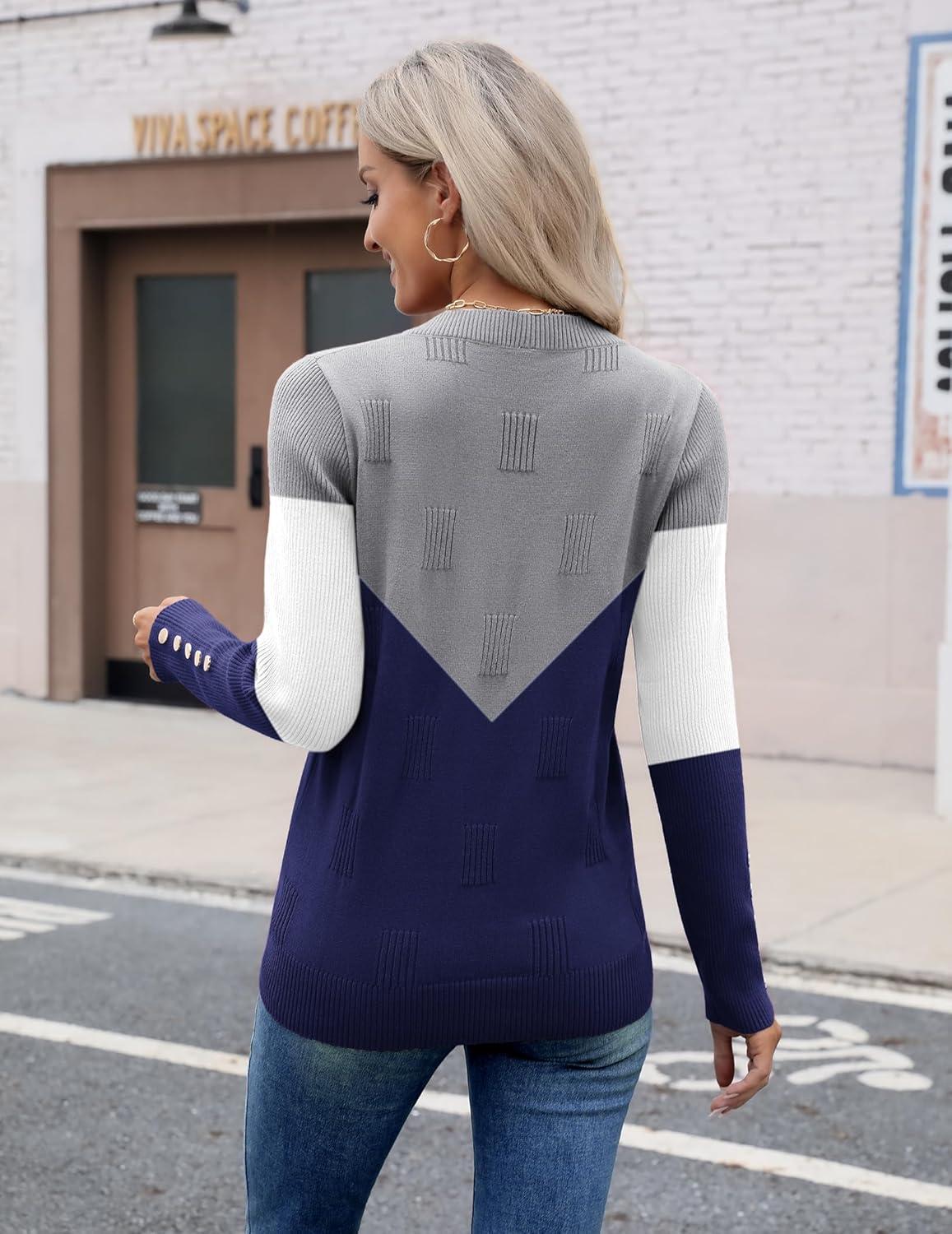 imageZeagoo Womens V Neck Sweaters Shirts Long Sleeve Lightweight Ribbed Knit Pullover Sweater Blouse Tops with Buttons OufitsCgrey Navy