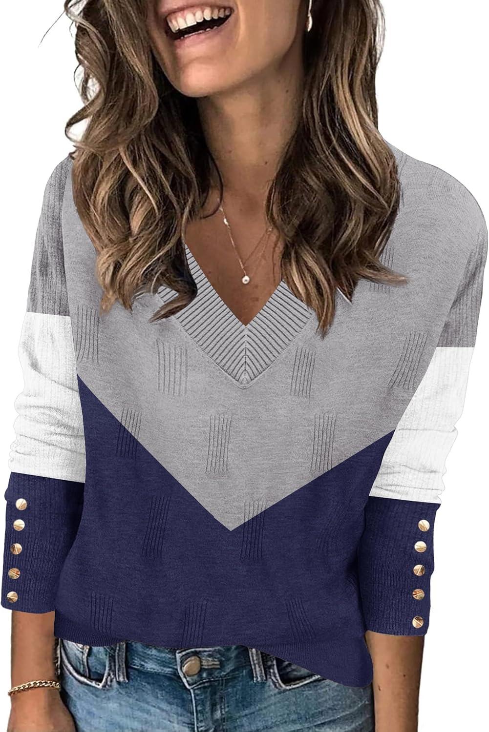 imageZeagoo Womens V Neck Sweaters Shirts Long Sleeve Lightweight Ribbed Knit Pullover Sweater Blouse Tops with Buttons OufitsCgrey Navy