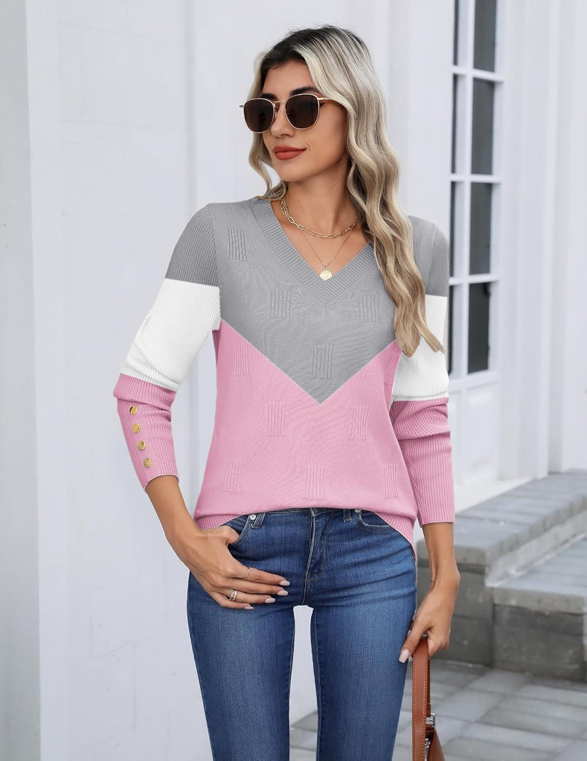 imageZeagoo Womens V Neck Sweaters Shirts Long Sleeve Lightweight Ribbed Knit Pullover Sweater Blouse Tops with Buttons OufitsCgrey Pink