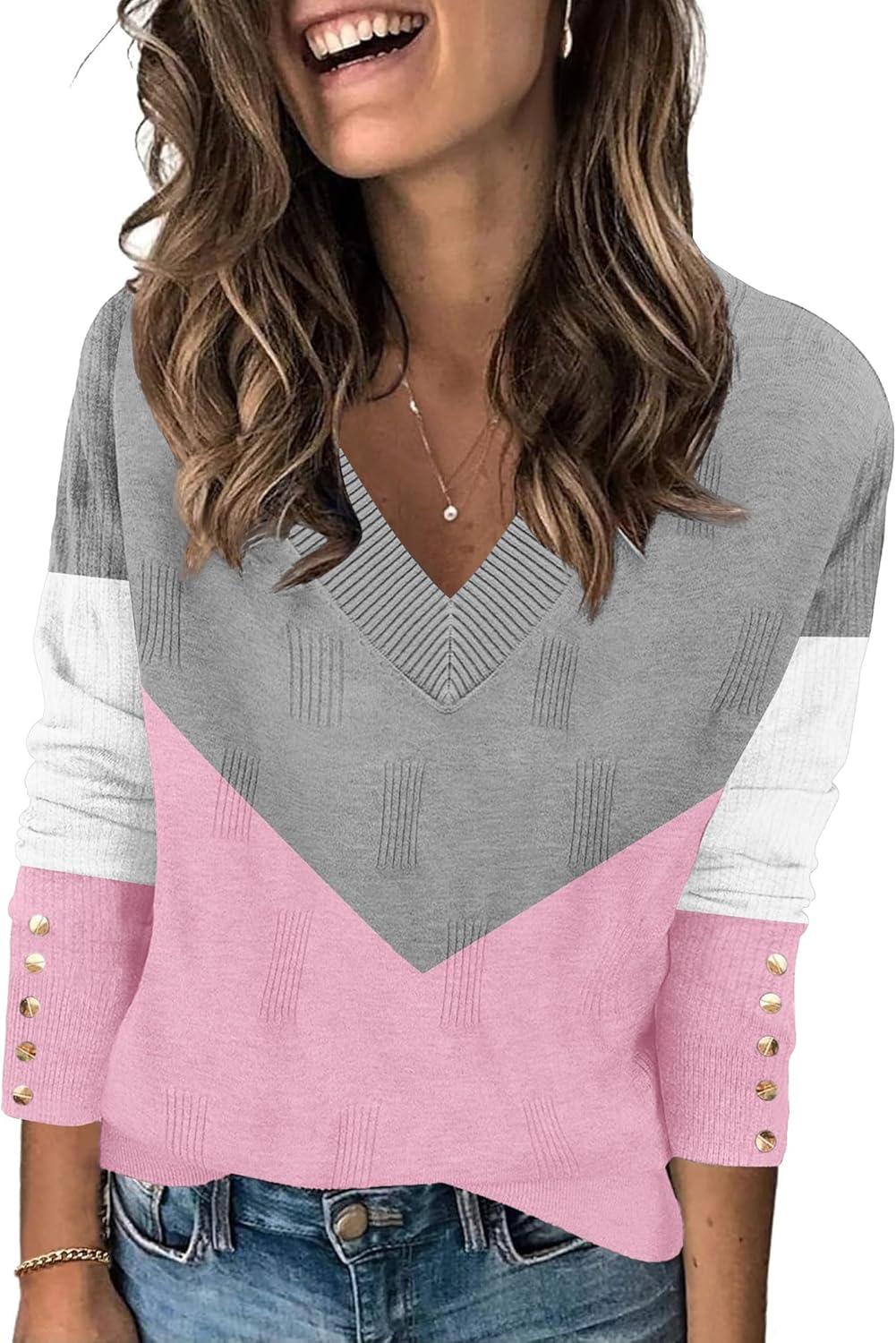 imageZeagoo Womens V Neck Sweaters Shirts Long Sleeve Lightweight Ribbed Knit Pullover Sweater Blouse Tops with Buttons OufitsCgrey Pink