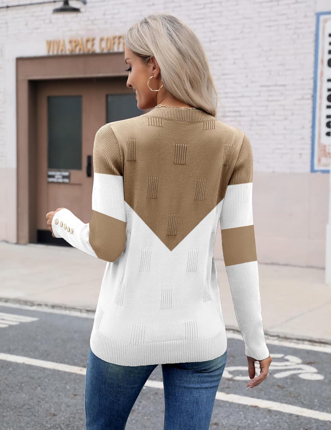 imageZeagoo Womens V Neck Sweaters Shirts Long Sleeve Lightweight Ribbed Knit Pullover Sweater Blouse Tops with Buttons OufitsCkhaki White