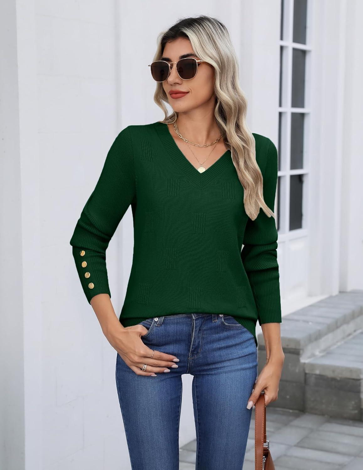 imageZeagoo Womens V Neck Sweaters Shirts Long Sleeve Lightweight Ribbed Knit Pullover Sweater Blouse Tops with Buttons OufitsForest Green