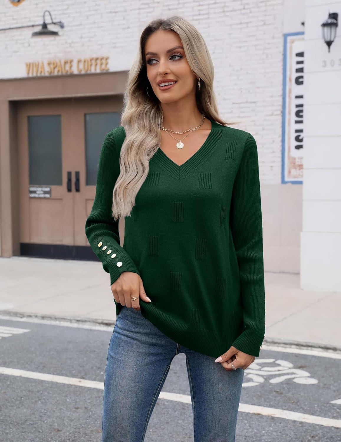 imageZeagoo Womens V Neck Sweaters Shirts Long Sleeve Lightweight Ribbed Knit Pullover Sweater Blouse Tops with Buttons OufitsForest Green